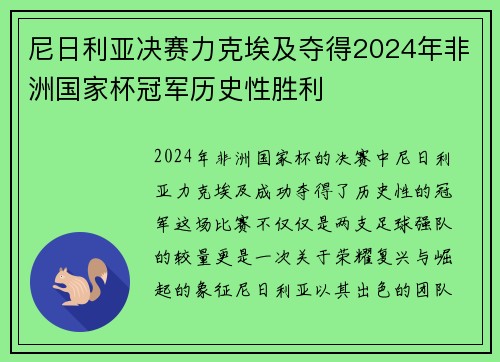 尼日利亚决赛力克埃及夺得2024年非洲国家杯冠军历史性胜利