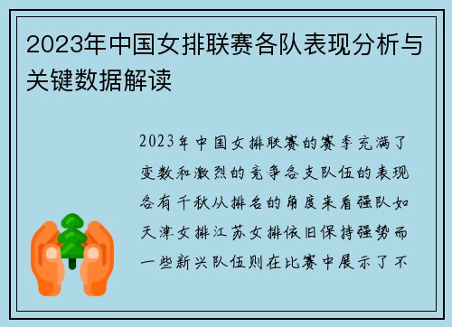2023年中国女排联赛各队表现分析与关键数据解读