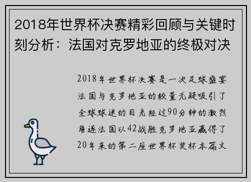 2018年世界杯决赛精彩回顾与关键时刻分析：法国对克罗地亚的终极对决
